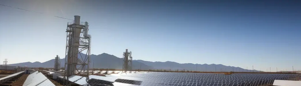 Na imagem tem painéis solares da esquerda para a direita. Próximo às placas solares, existem algumas torres e ao fundo da imagem tem algumas montanhas, céu azul e sol brilhante para exemplificar o artigo sobre Descubra como funcionam as usinas de placas solares.