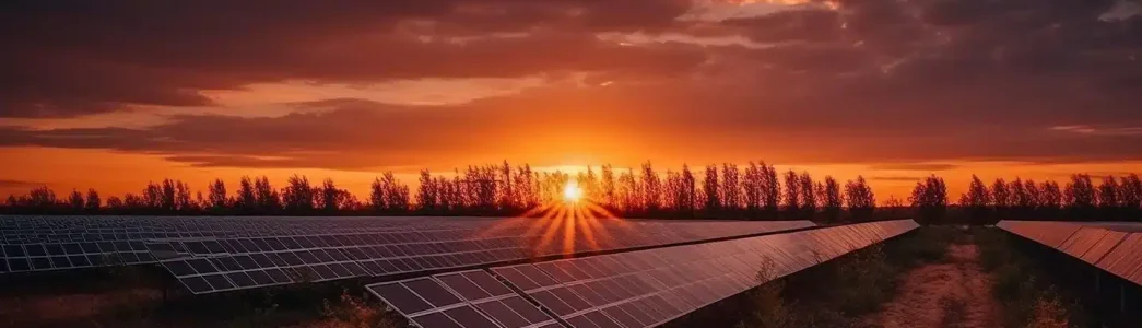 Imagem com painéis solares em terreno aberto, ao fundo algumas árvores e um céu laranja e rosado com o sol se pondo atrás das árvores para artigo sobre Sabia que existem tipos de energia solar? Conheça agora