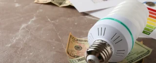 Close-up de uma lâmpada e cédulas de dinheiro para exemplificar artigo sobre energia por assinatura.