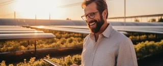 Homem sorridente fazendo anotações em frente a painéis solares, representando a importância do pós-venda em usinas solares para garantir satisfação e relacionamento com o cliente.